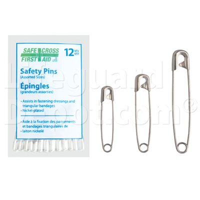 Nickle Platted Safety Pins, Assorted Size, 12's